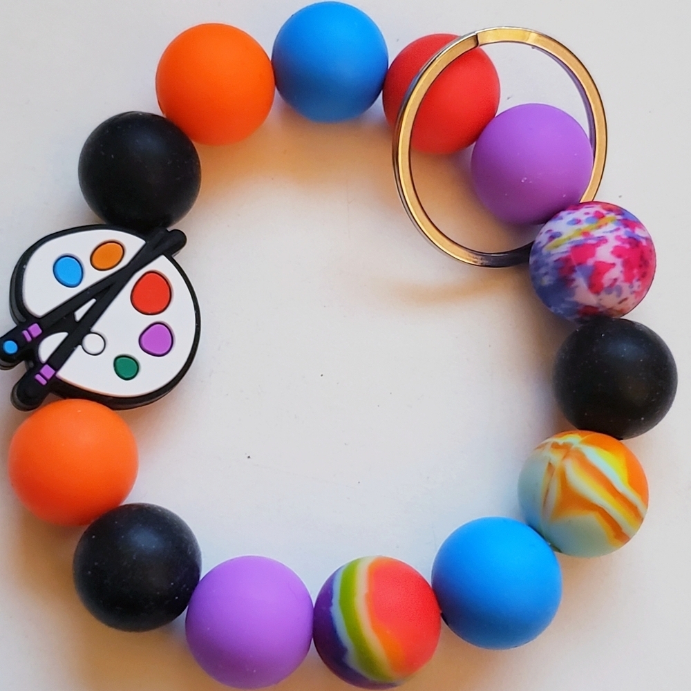 Handmade Silicone Beaded Tie Dye Swirl Art Palette Keychain Wristlet Bracelet